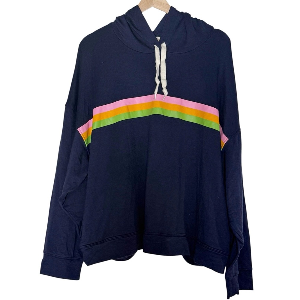 J. Crew Rainbow Striped Hoodie in Cloud Fleece Size 3X Navy Blue Athleisure